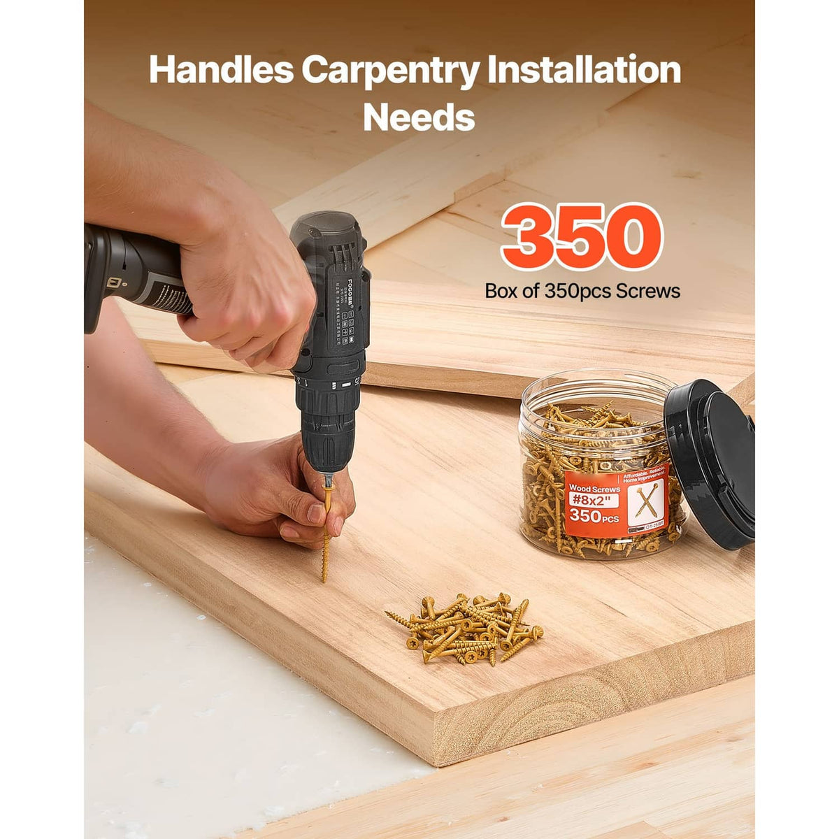 Gold wood screw installed with power drill on a wooden board
