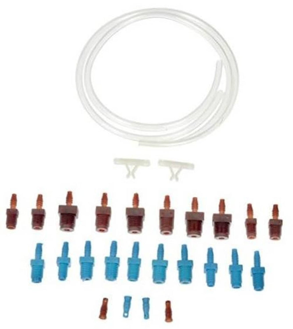 Bleeder kit set: white hose, two clips, assorted red and blue fittings
