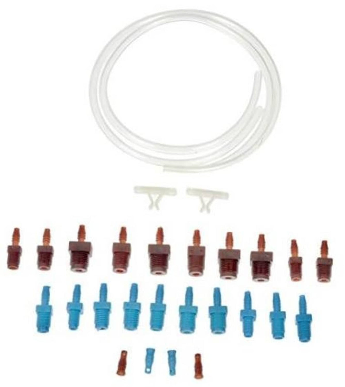 Bleeder kit set: white hose, two clips, assorted red and blue fittings