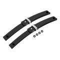 Front leaf spring pair with black steel leaves and mounting brackets, includes nuts