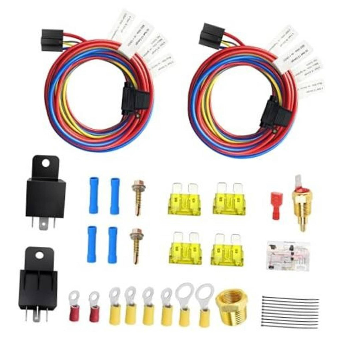 Dual electric radiator fan relay wiring kit with multicolor cables, relays, fuses, connectors