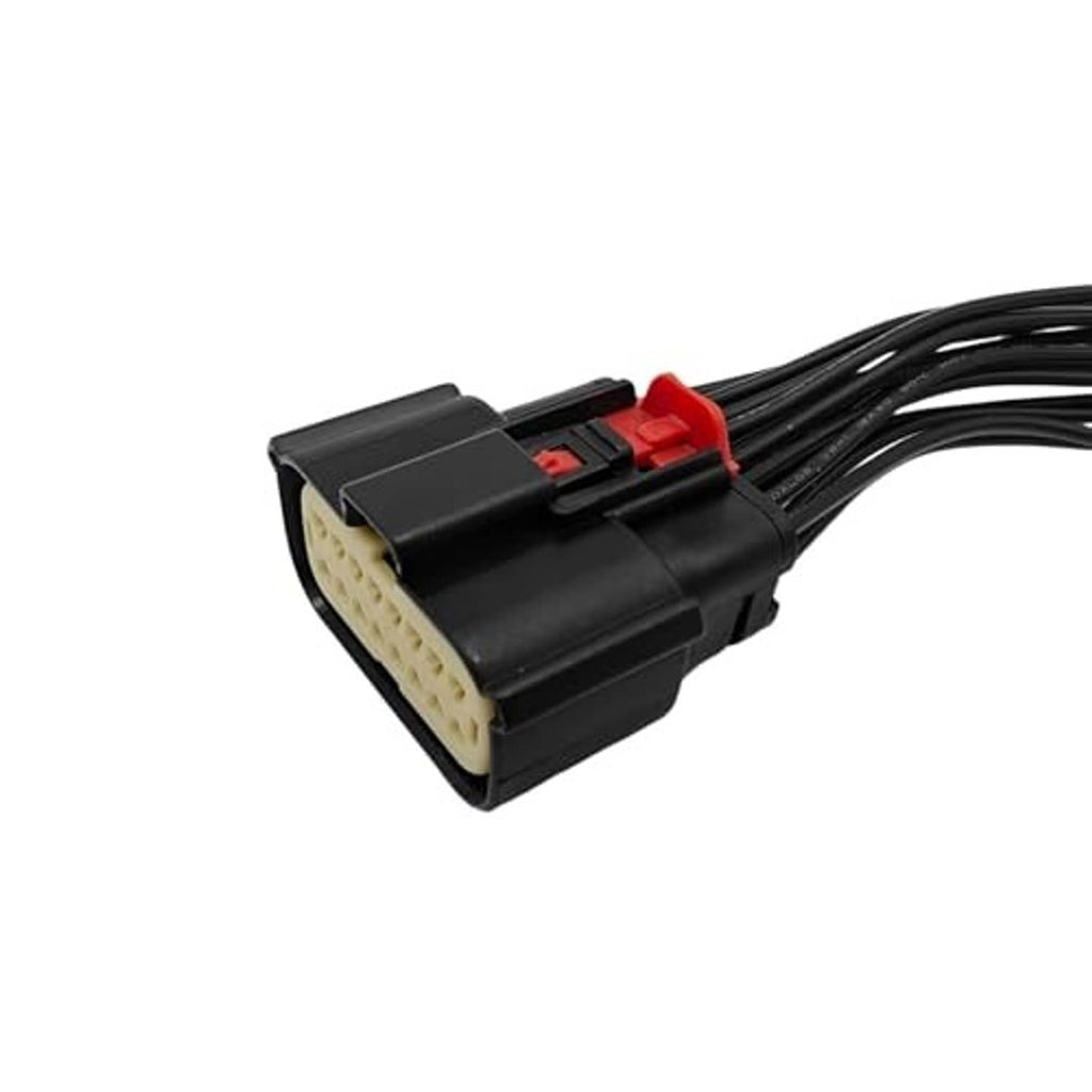 Headlight wiring connector pigtail harness, angled beige connector plug with black housing and red lock