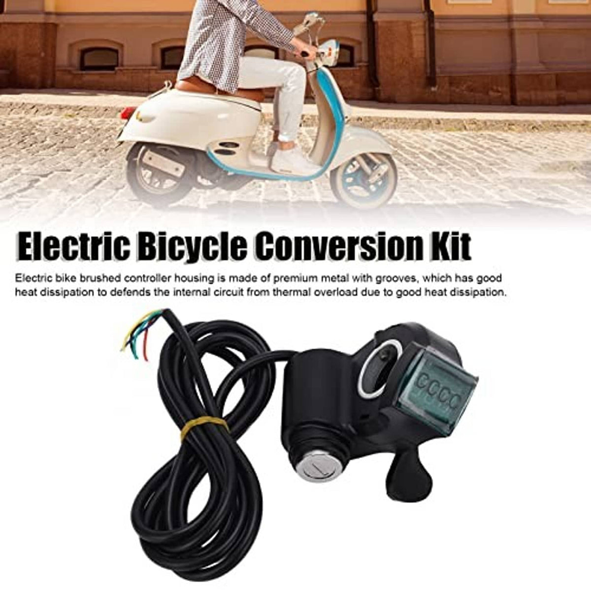 E-bike motor controller kit with thumb throttle, controller module, and bundled black cables