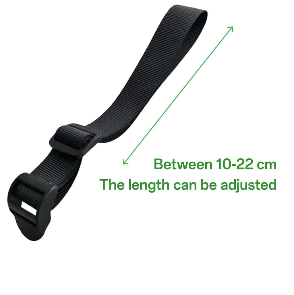 Black adjustable backpack extender strap; length adjustable within 10–22 cm range.