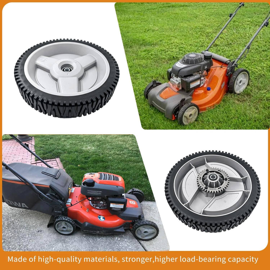 Lawn mower wheel replacement set, grey hub with black knobby tire tread