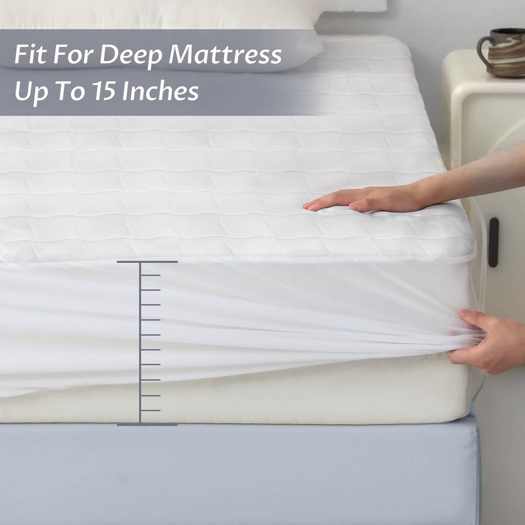White heated mattress pad fits mattresses up to 15 inches, shown being measured