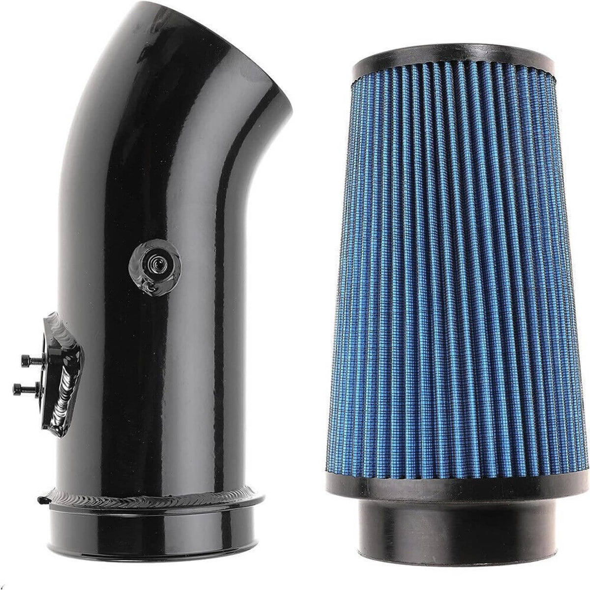 Black intake pipe elbow and blue pleated cone air filter with mounting base