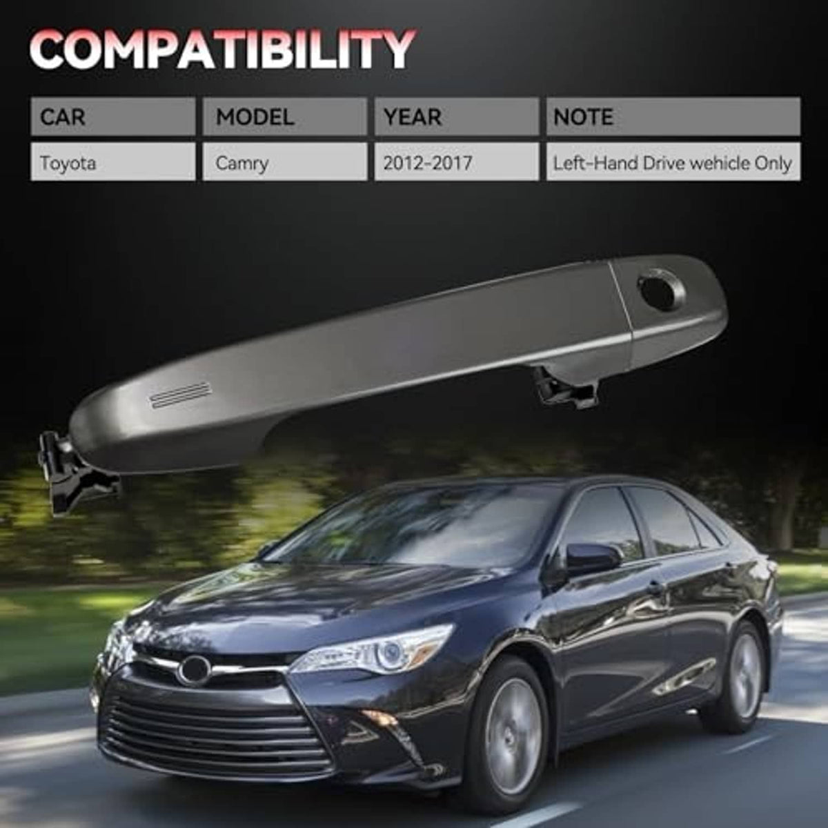 Exterior door handle, silver-toned plastic, front left style with circular mounting hole