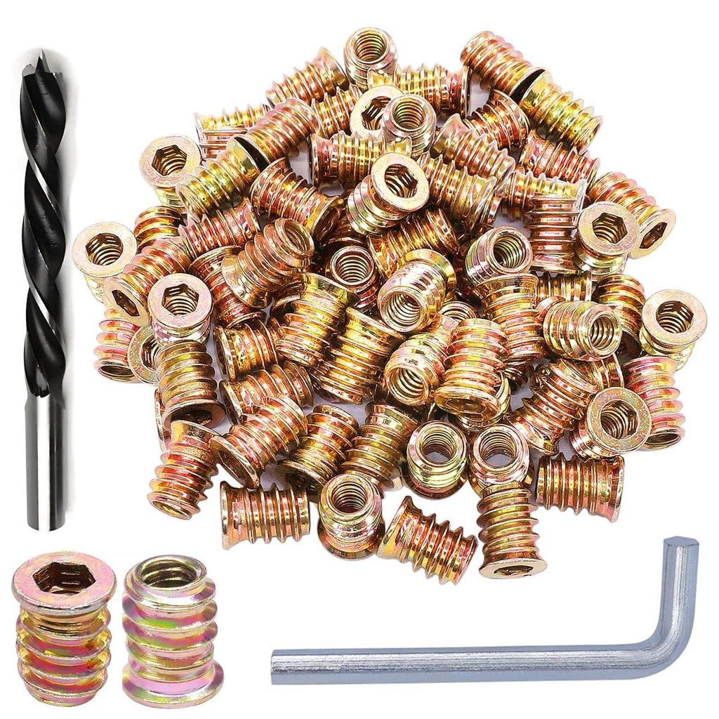 Gold threaded wood inserts with internal threads and hex drive, 100-count set