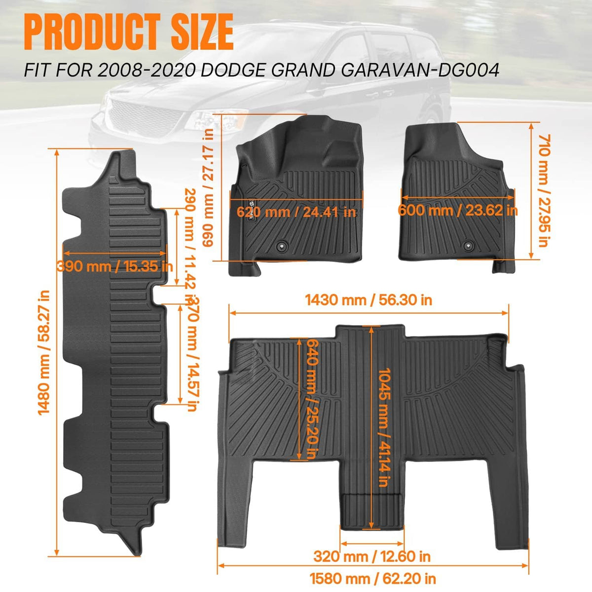 All-weather floor mat set showing molded fit contours and ridged tread pattern, dark