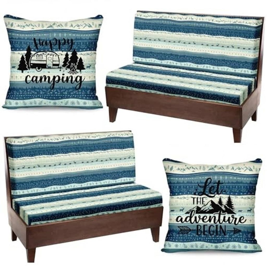 Blue striped camping RV cushion cover set with two square and one long cushion design
