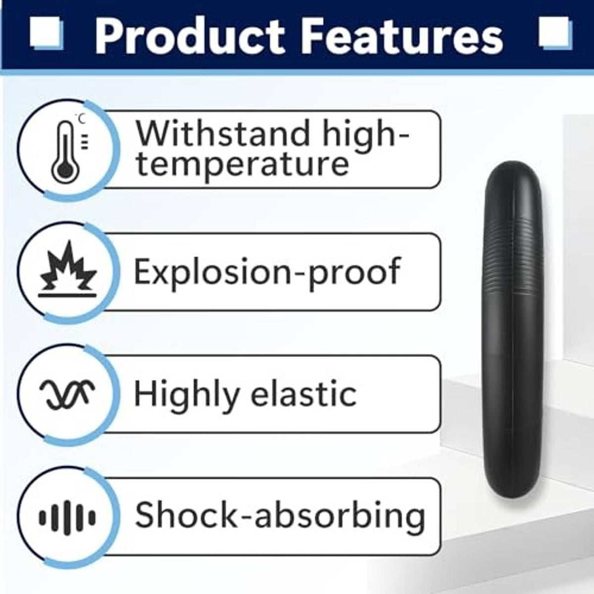 Black rear inner tube with valve stem, standing upright to show length and thickness.