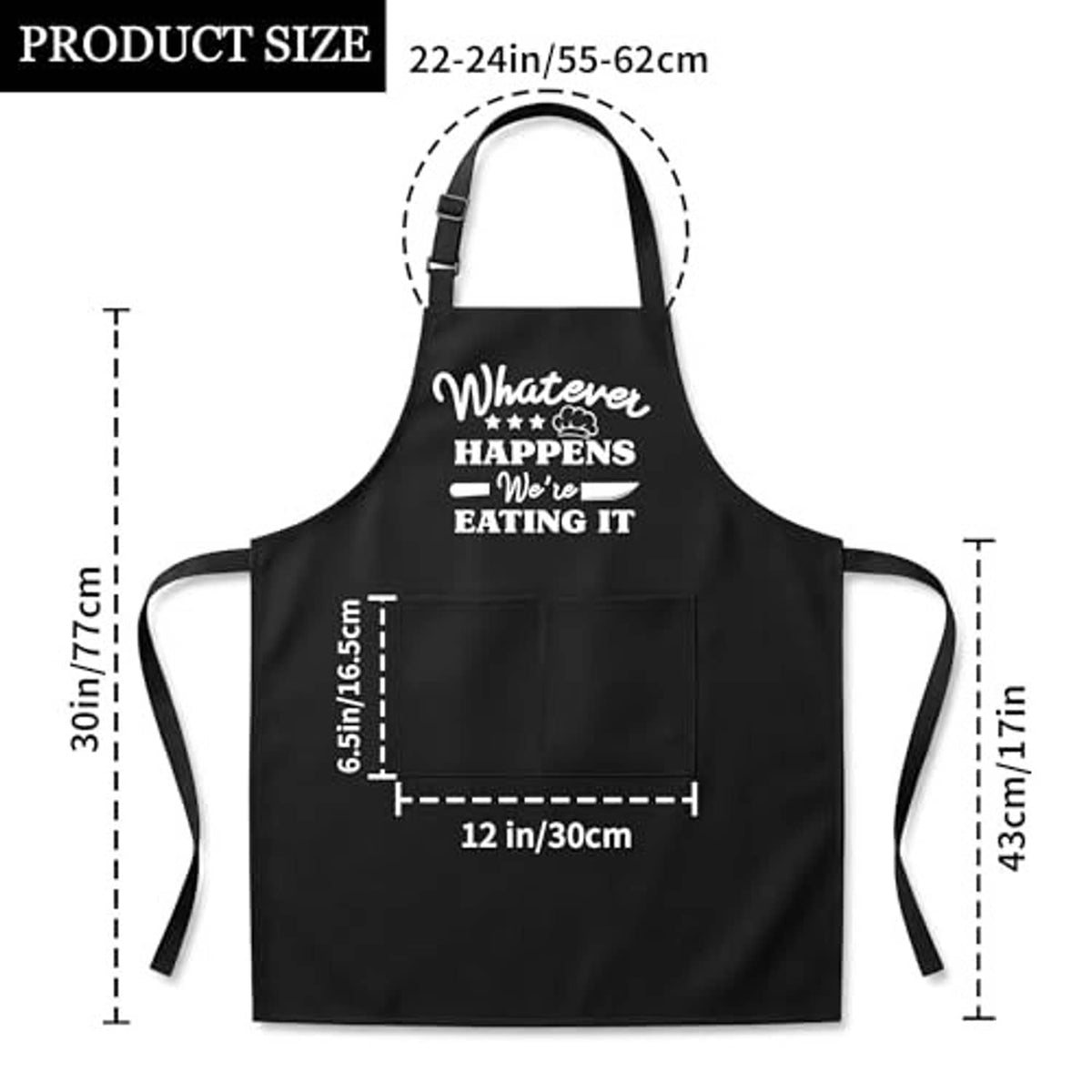 Black apron size diagram with adjustable neck strap and long waist ties