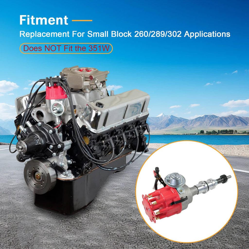 Small HEI distributor with red spark plug wires, shown with engine application inset