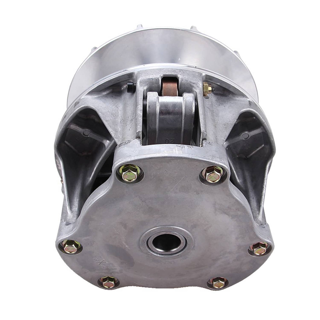 Front view of metal drive clutch with circular center hole and mounting bolts