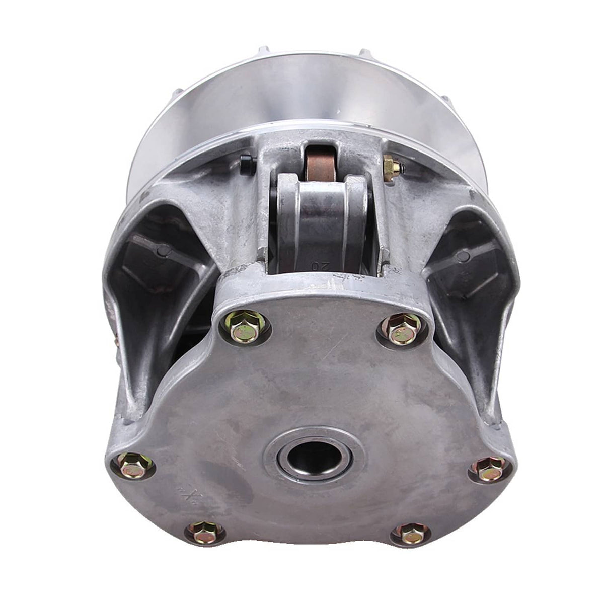 Front view of metal drive clutch with circular center hole and mounting bolts