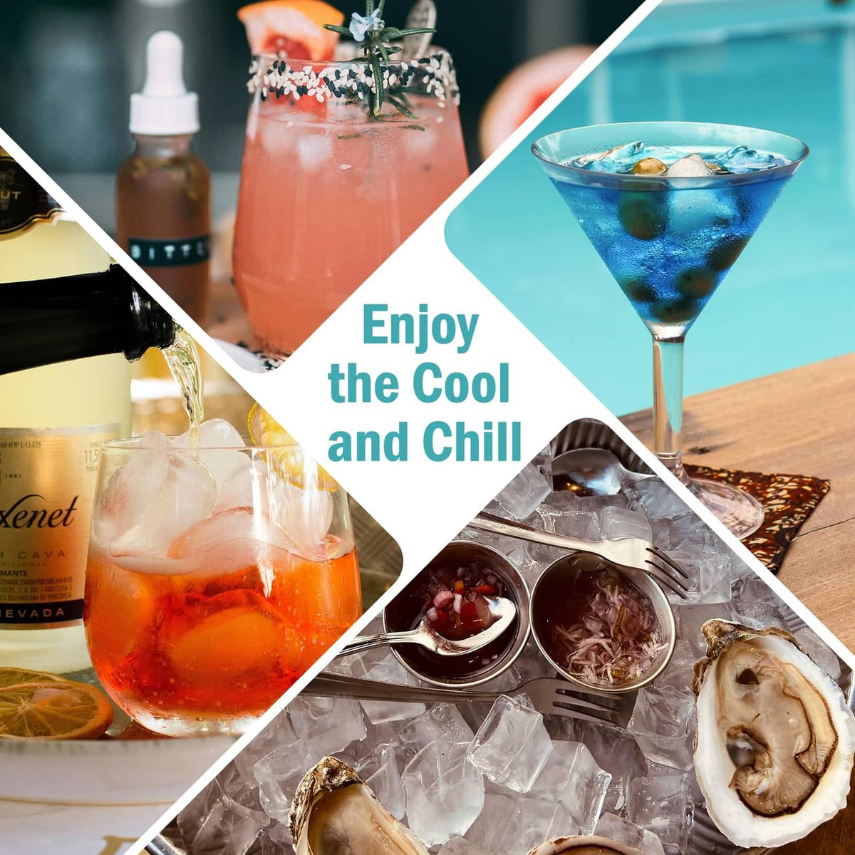 Mixed drinks with large ice cubes and citrus or mint garnish