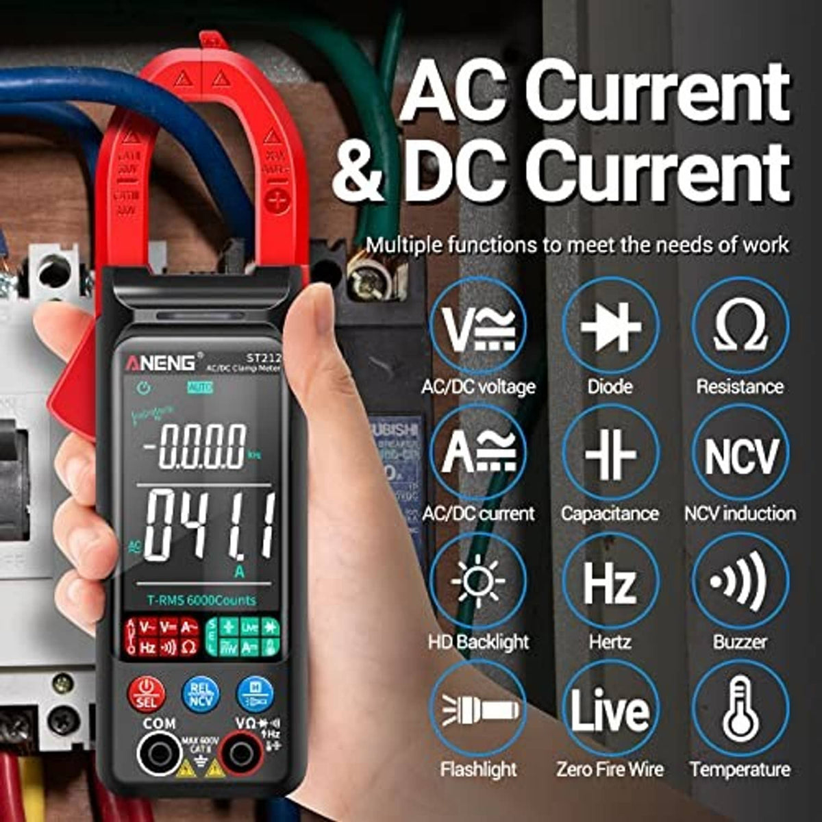 Handheld red clamp multimeter with LCD showing AC/DC current and measurement modes
