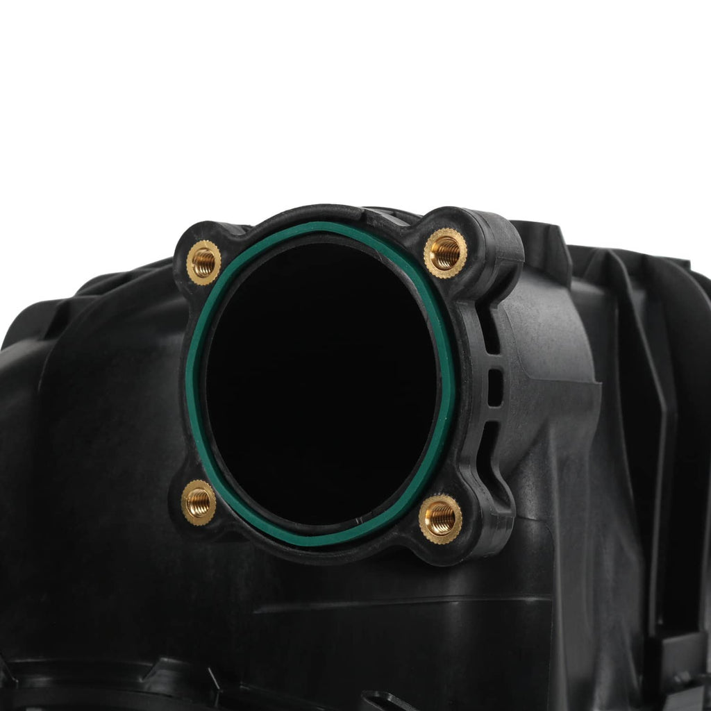 Black intake manifold opening with green-ring gasket and mounting bolts