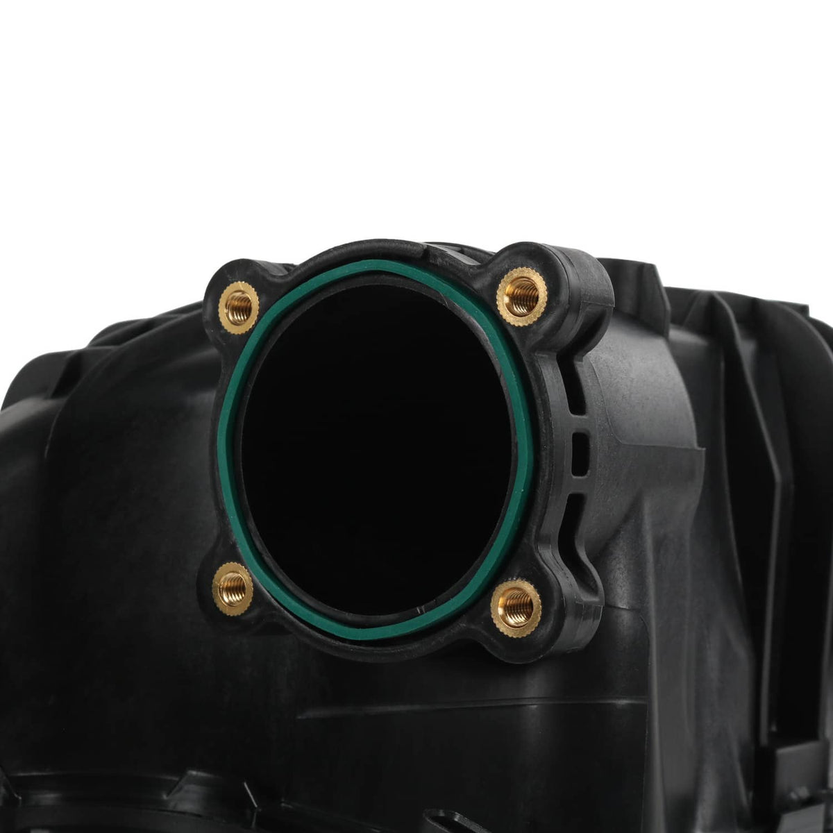 Black intake manifold opening with green-ring gasket and mounting bolts