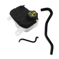 Black engine coolant reservoir tank with yellow cap and molded coolant hoses