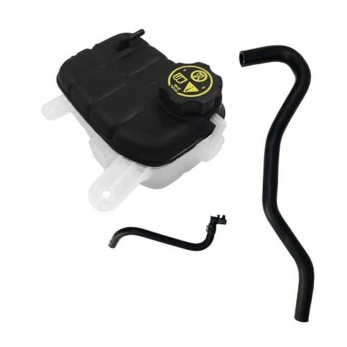 Black engine coolant reservoir tank with yellow cap and molded coolant hoses
