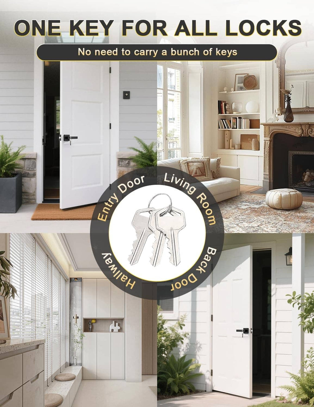 Black entry door lever handle set with keys, shown on an entry door