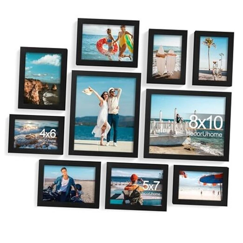 Black picture frames collage wall set with multiple beach and landscape photo inserts