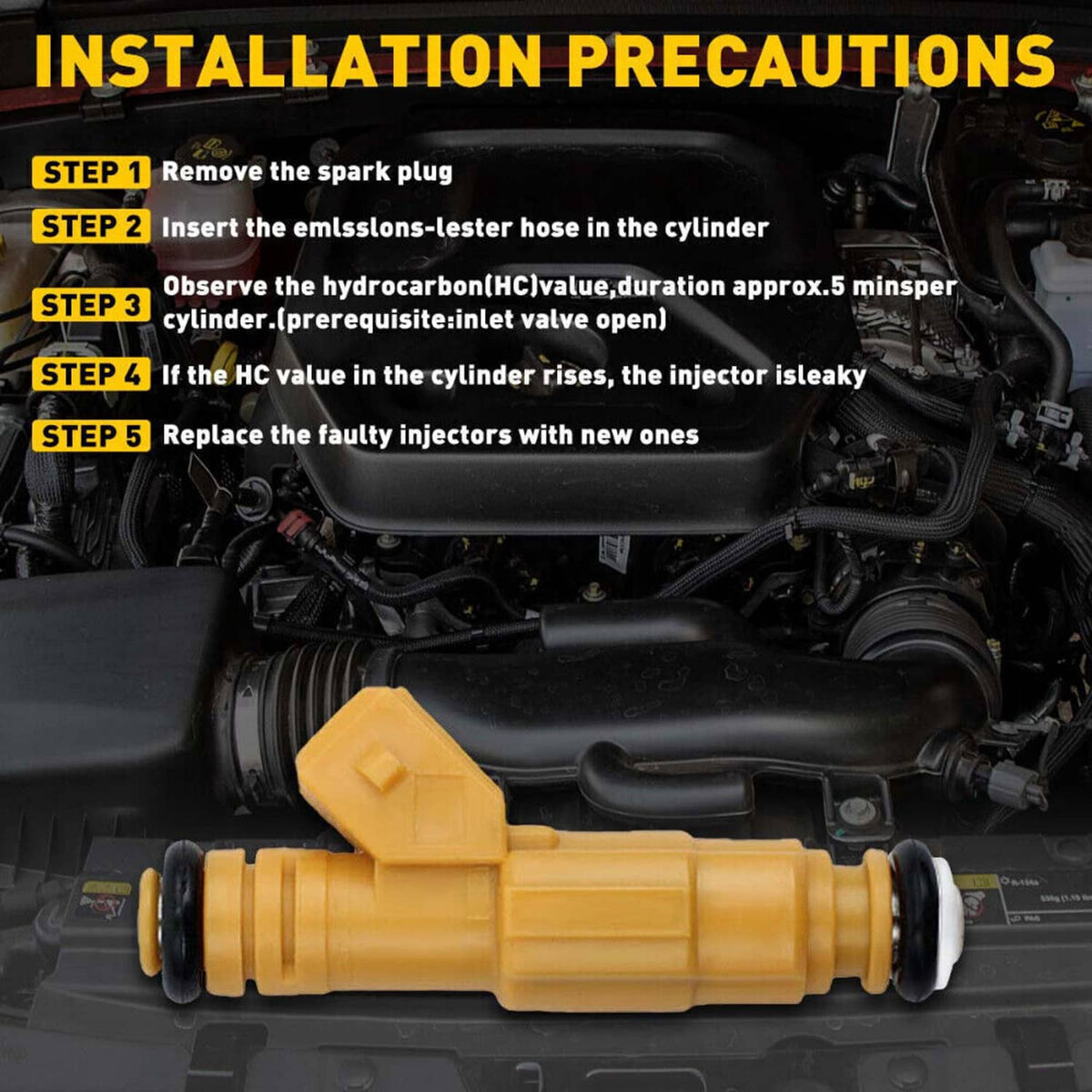 Fuel injector in engine bay, yellow body with black rubber end seals