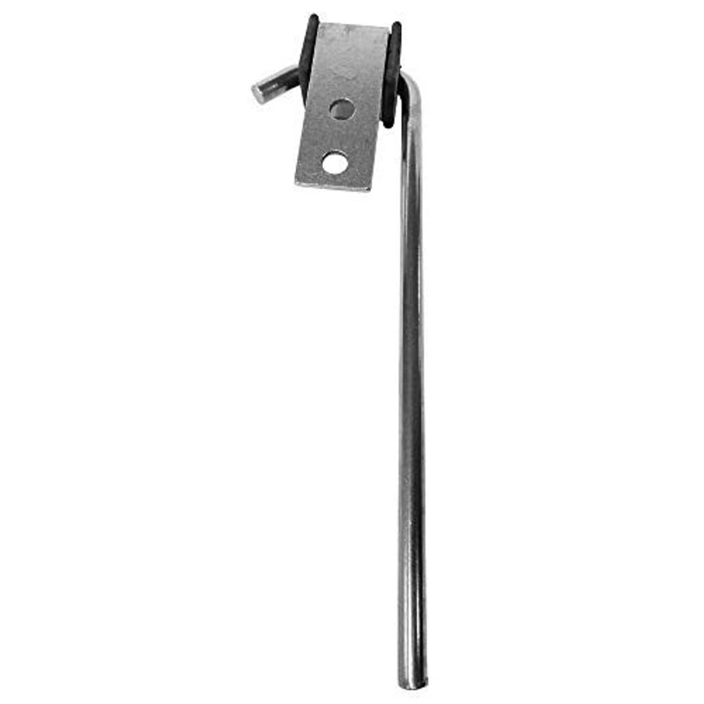 Exhaust system hanger bracket with long metal rod and mounting holes, silver-gray