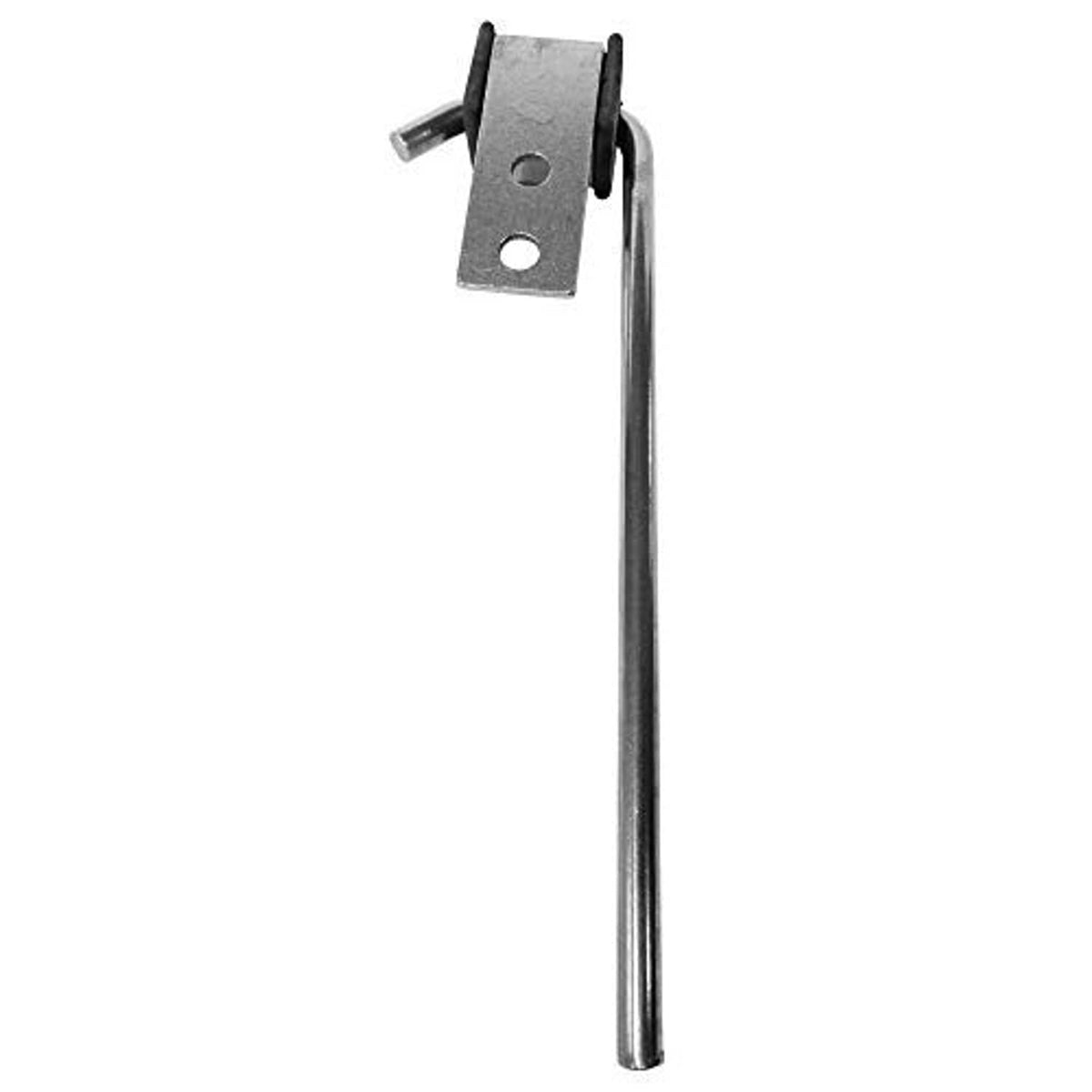 Exhaust system hanger bracket with long metal rod and mounting holes, silver-gray