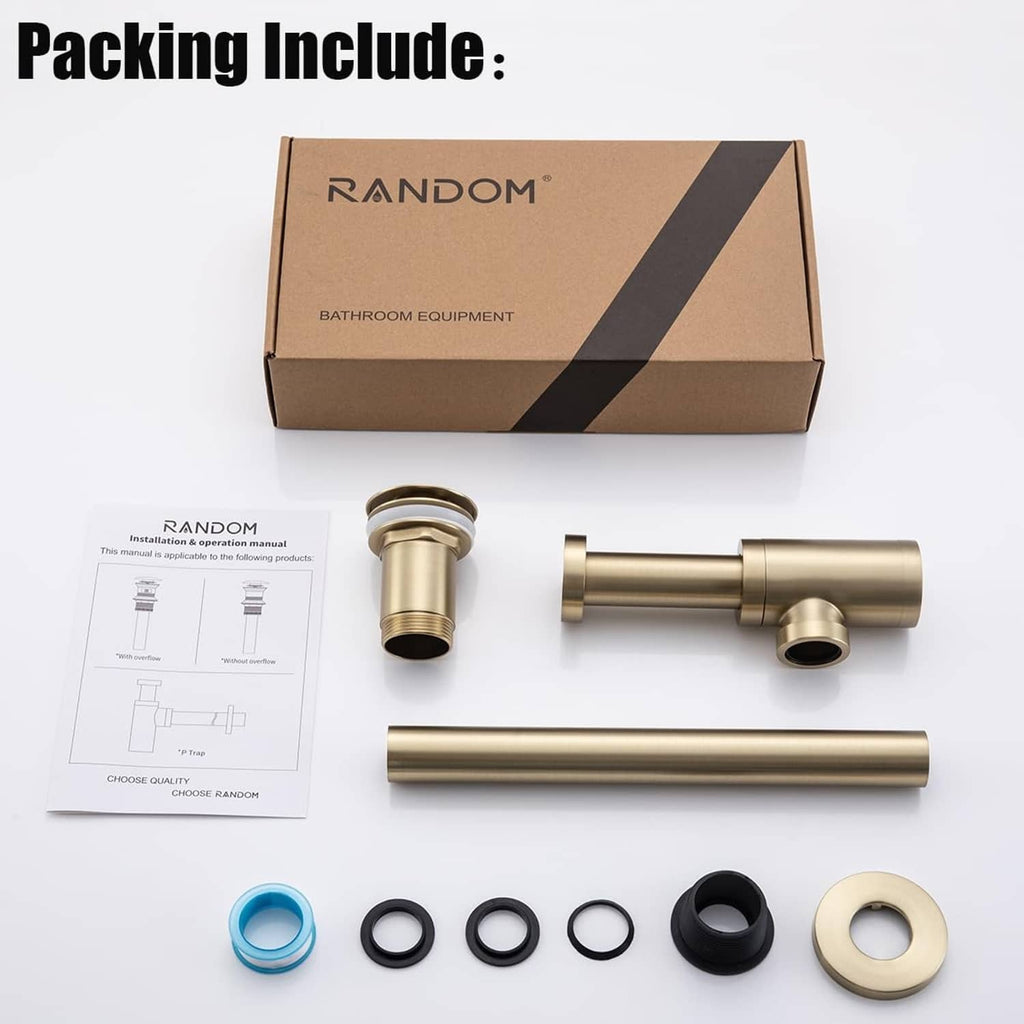 Brushed gold brass bottle P-trap set with retail box, gaskets, and parts