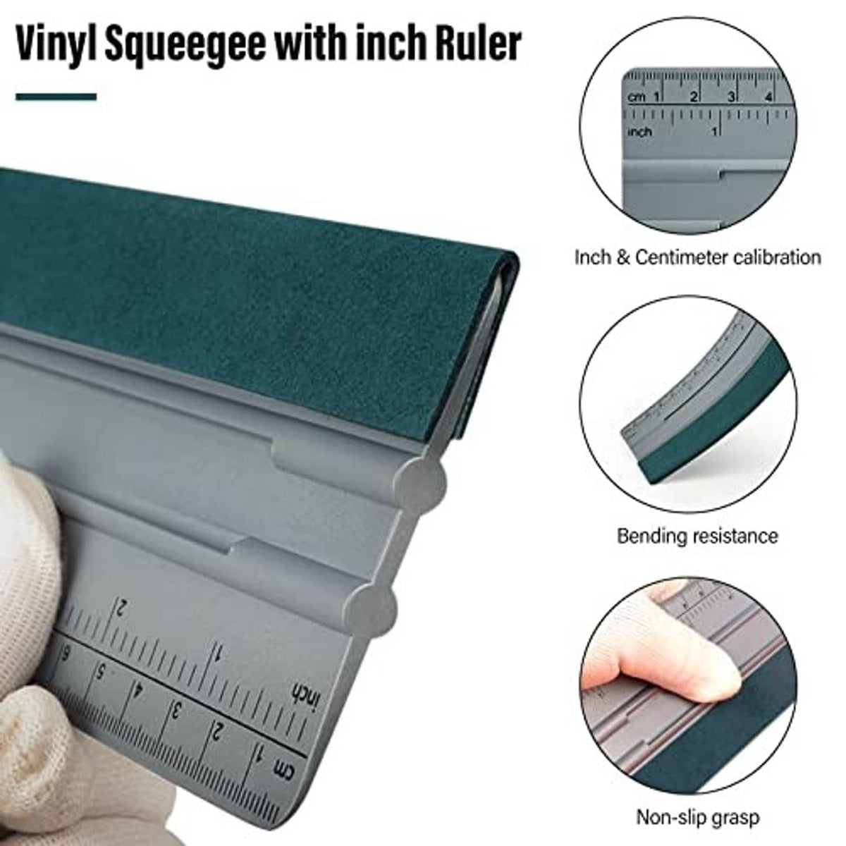 Vinyl felt squeegee with inch and centimeter ruler on gray base, teal pad