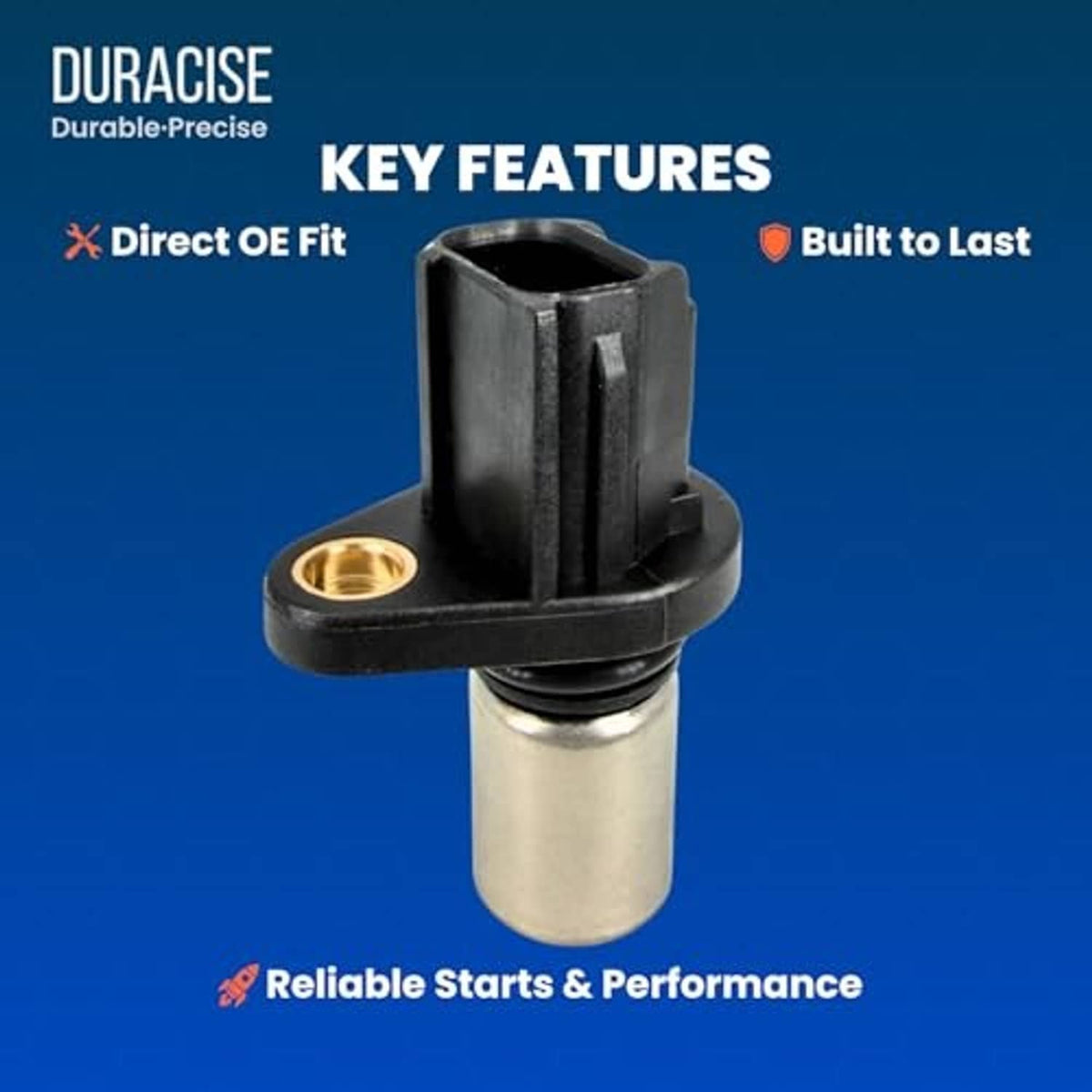 Camshaft position sensor, black housing with gold terminal, silver cylinder body