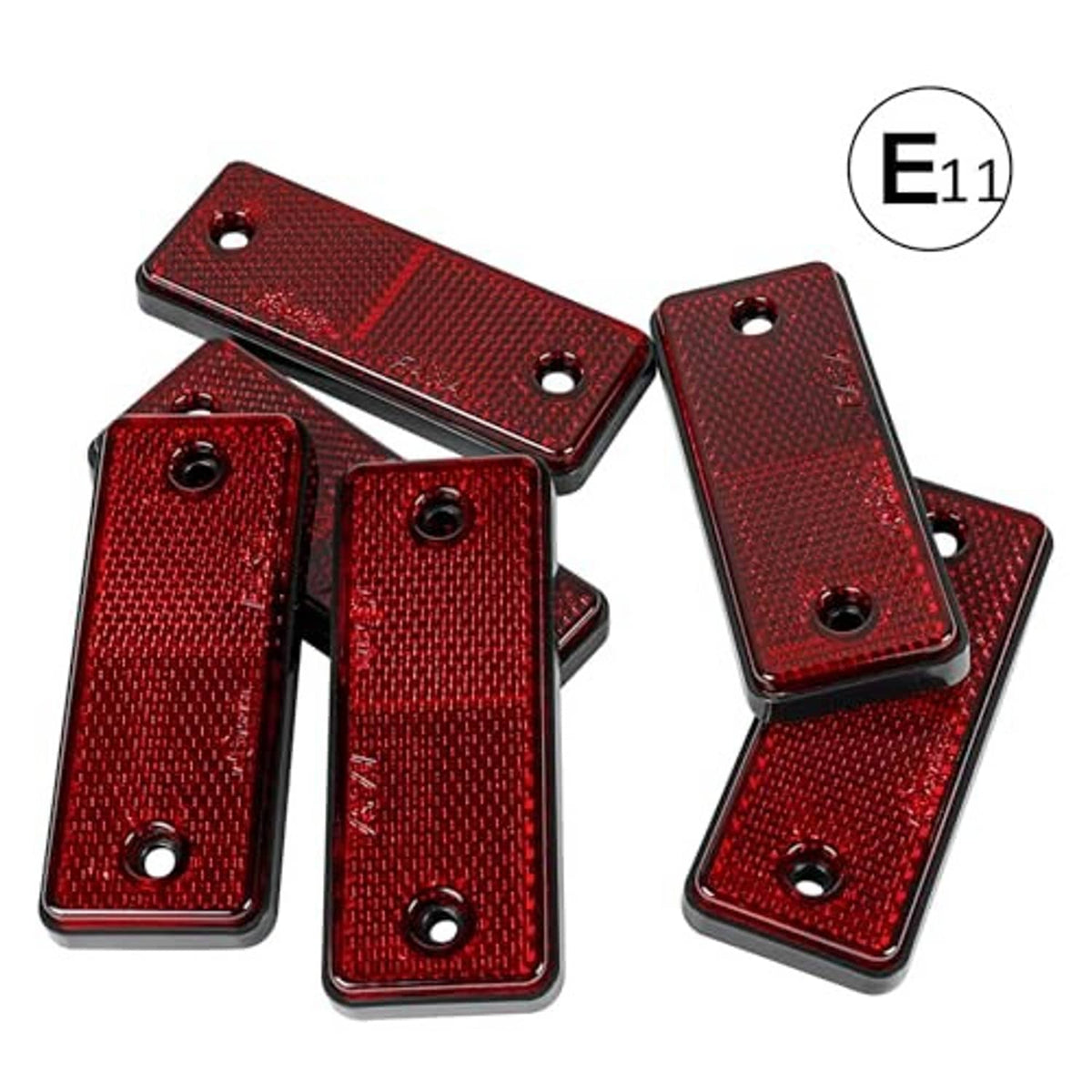 Red rectangular screw-on reflectors, E11 approved; round mounting holes visible.
