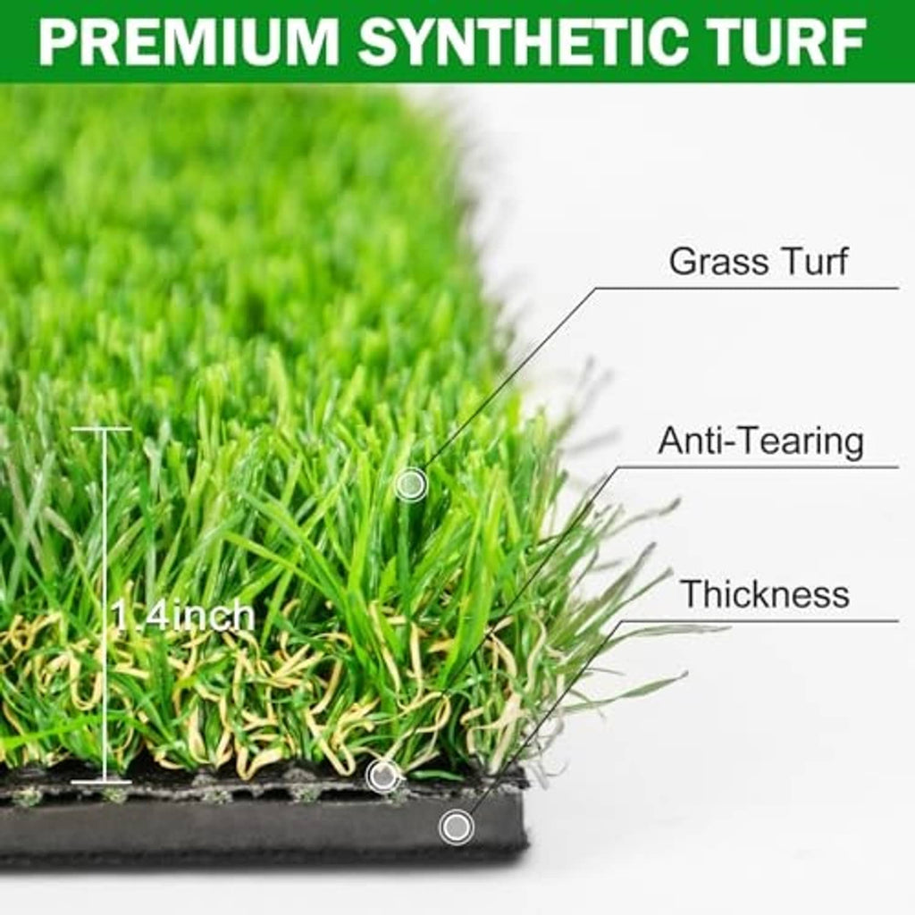 Close-up of green synthetic turf golf mat showing pile thickness and backing