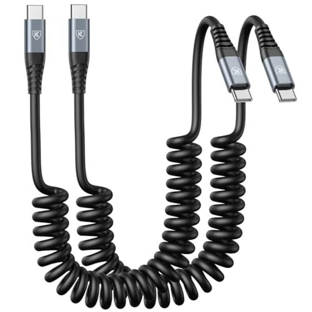 Two black USB-C to USB-C coiled charging cables with metal connector tips