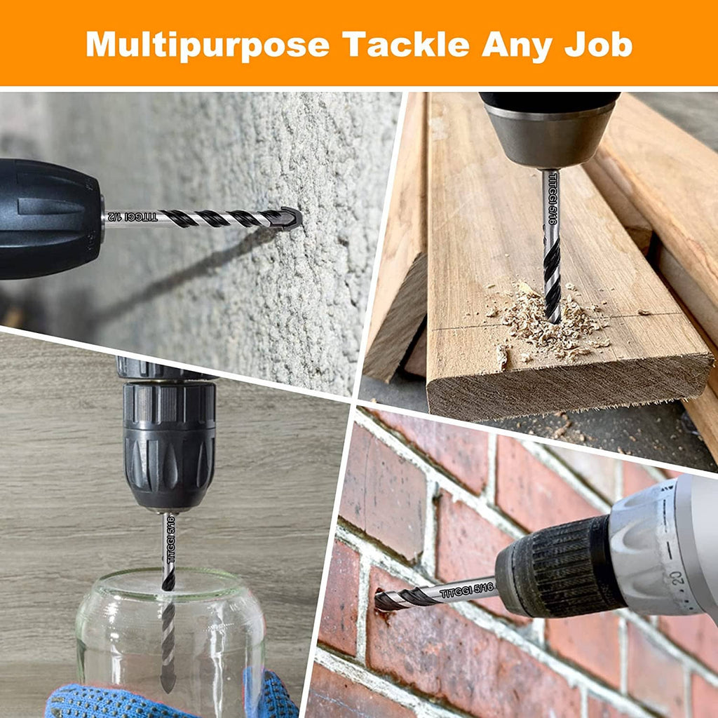 Masonry drill bit set drilling into wood and brick surfaces