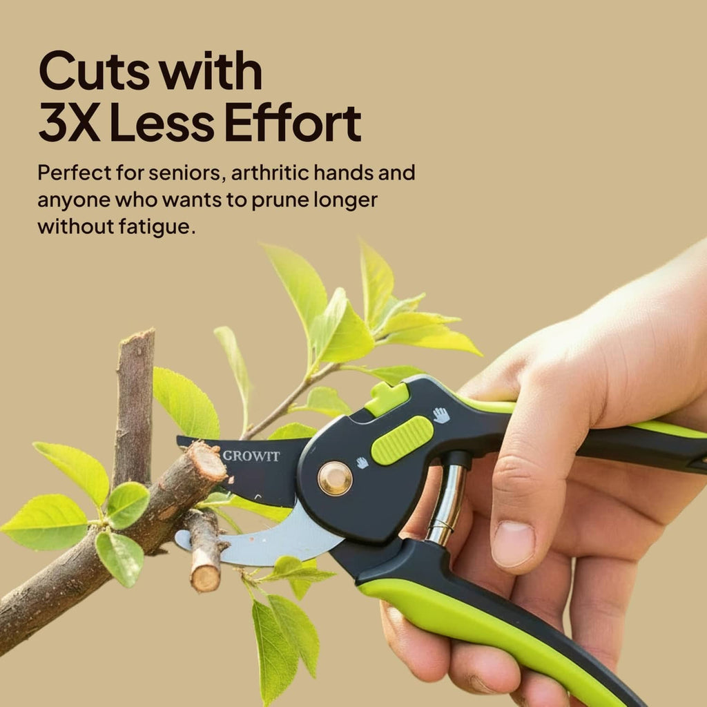 Green and black bypass pruning shears trimming a branch with finger grip