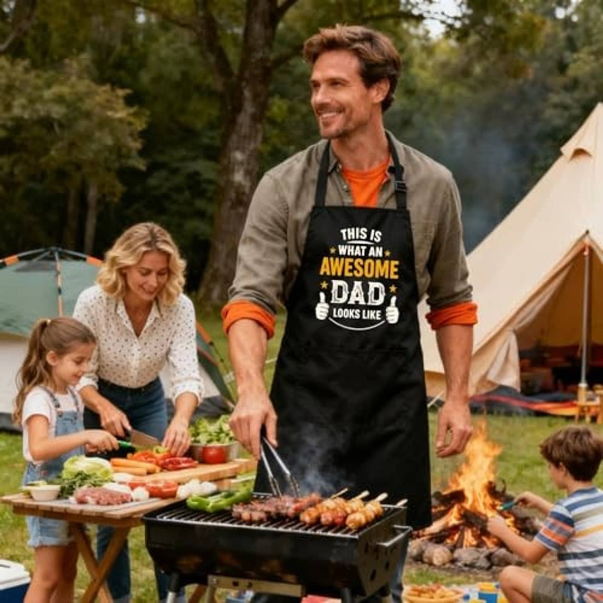Black grill apron worn for barbecuing with “Awesome Dad” front graphic