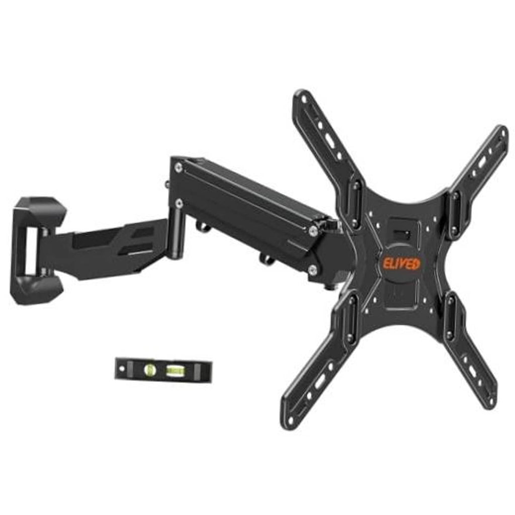 Black height-adjustable TV wall mount bracket with tilting arms and VESA mounting plate