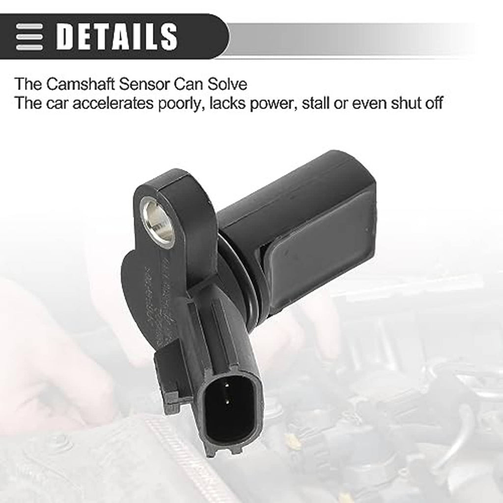 Camshaft sensor with black housing and front plug, shown against engine parts