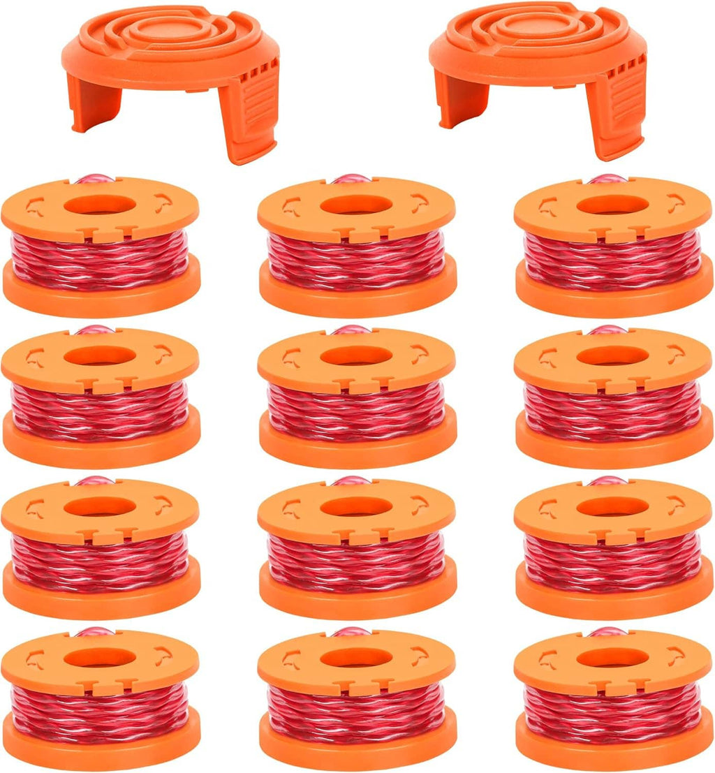 Orange trimmer spool line set with red string wound on multiple orange spools
