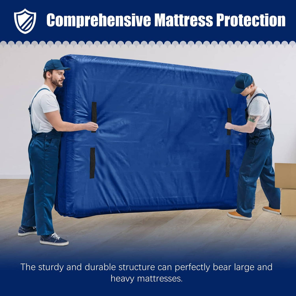 Blue mattress protection cover with reinforced handle straps