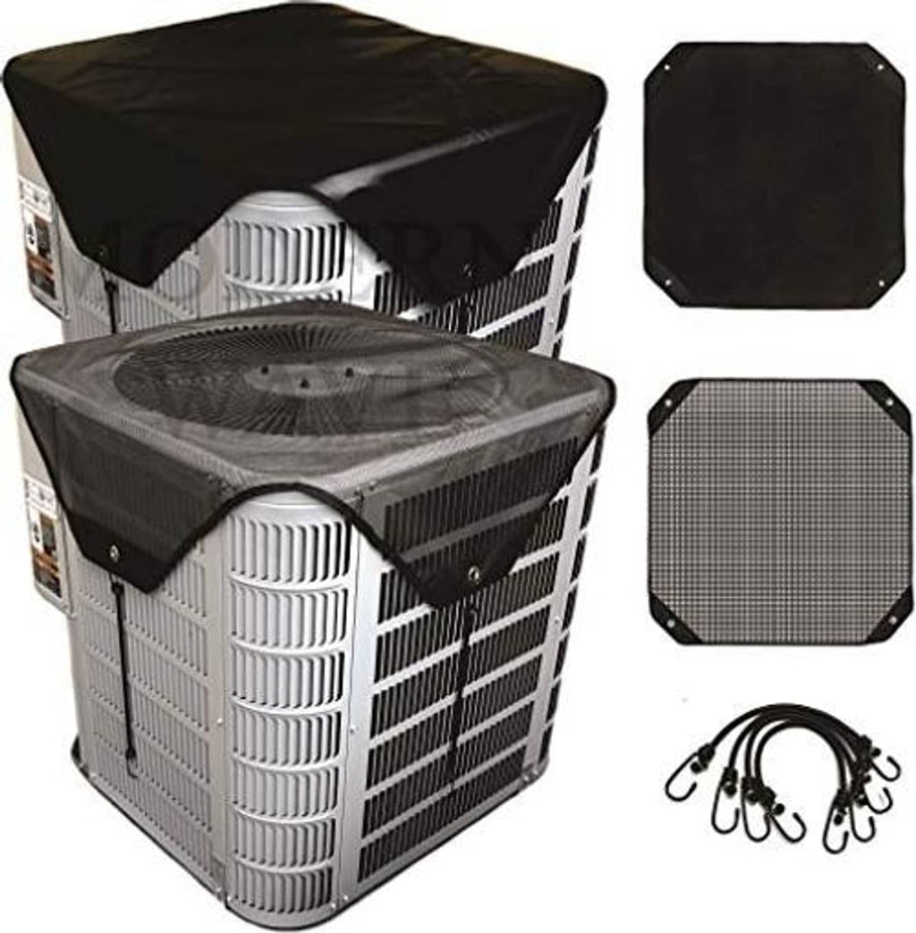 Outdoor AC condenser unit cover set for two units, black fitted fabric with matching octagon tops