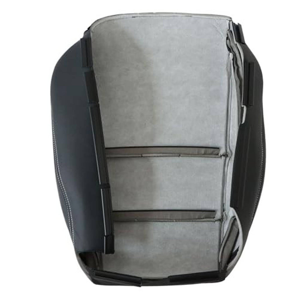Black leather seat cover with exposed underside padding and retaining straps