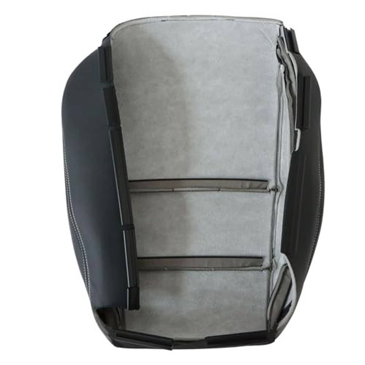 Black leather seat cover with exposed underside padding and retaining straps