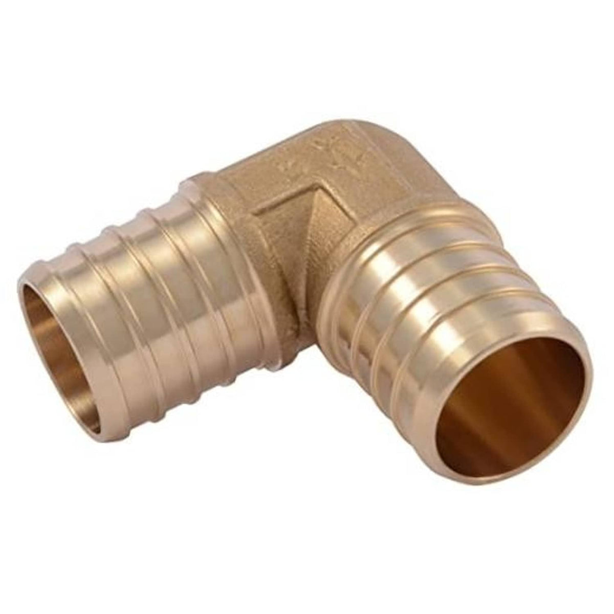 Brass 90-degree PEX crimp elbow fitting with ribbed crimp ends and open pipe ports