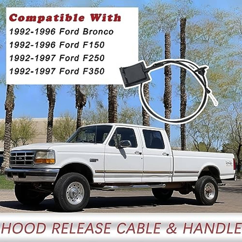 Black hood release cable and pull handle kit with curved wire loop and release knob