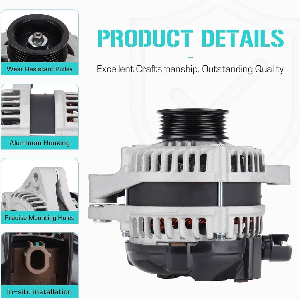 Automotive alternator with silver housing, black pulley, and visible mounting features